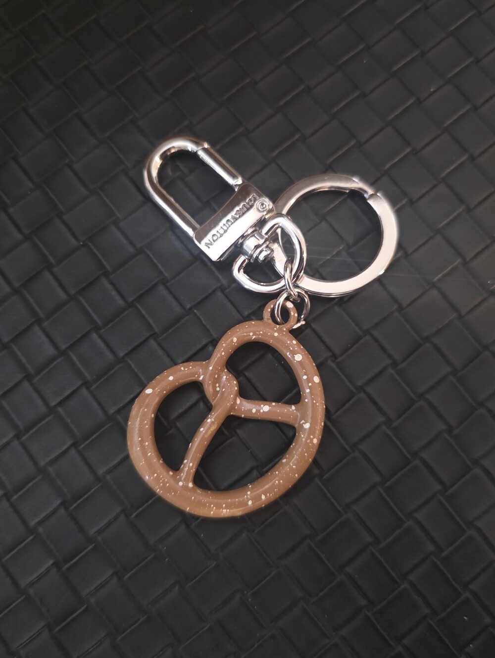 Brown Pretzel Keychain with Silver Hardware